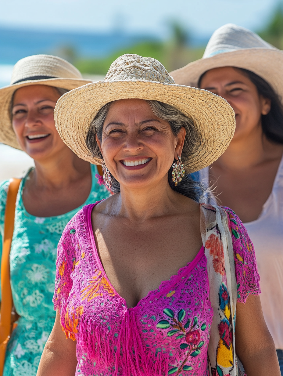 Tres mujeres mayores sonriendo en la playa con sombrero 