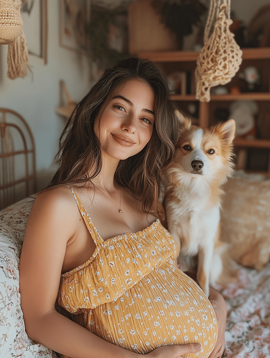 Mujer embarazada feliz y un perro a un lado de ella sentados sobre una cama 