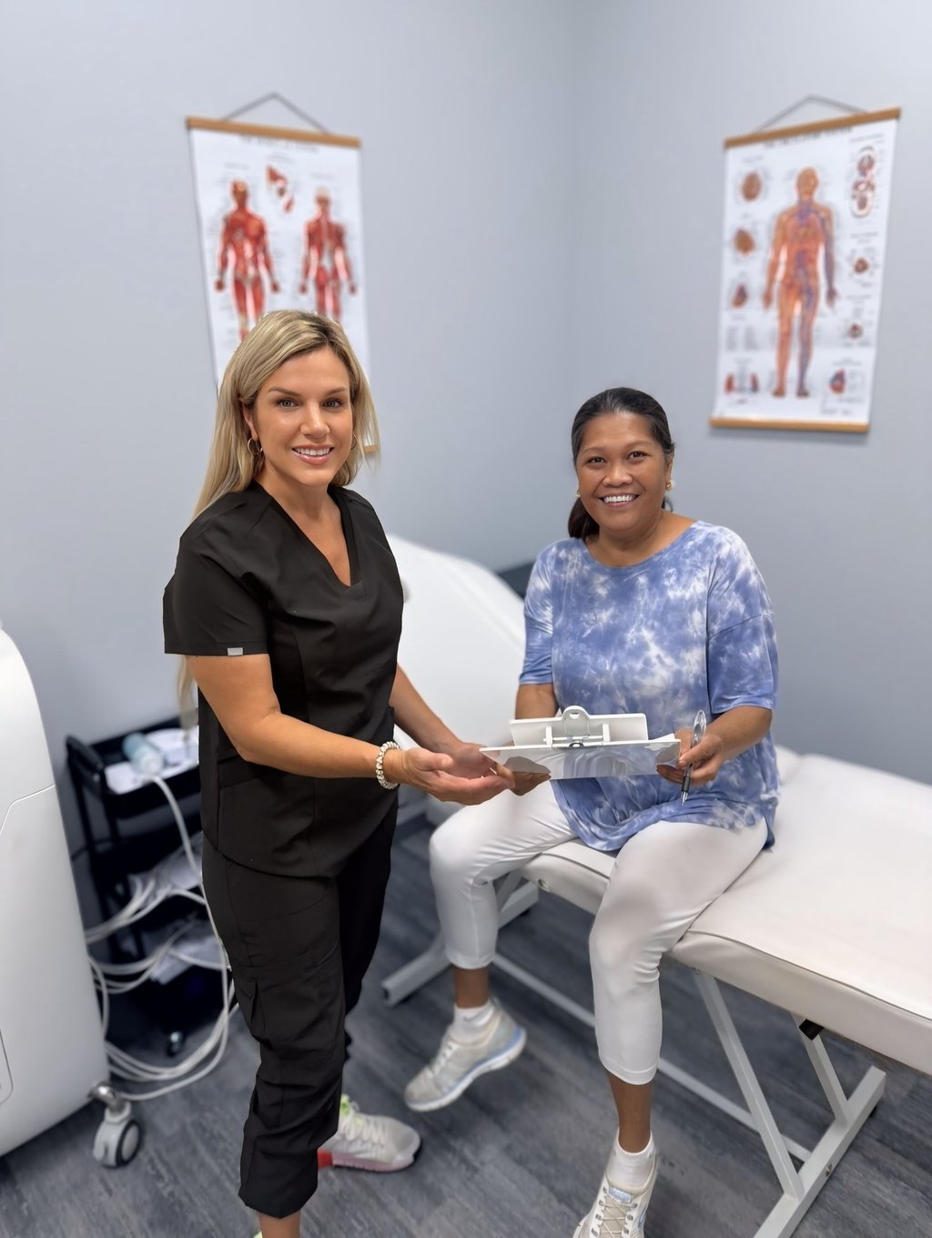 a woman in a doctor's office receiving a checkered checklist