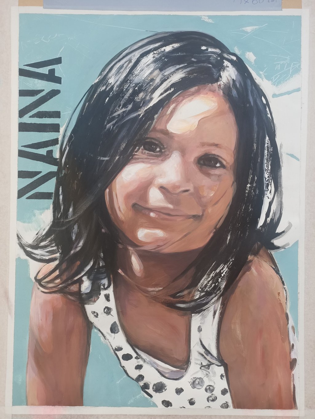 A realistic portrait painting in acrylic of a young girl named Naina on a soft blue background.