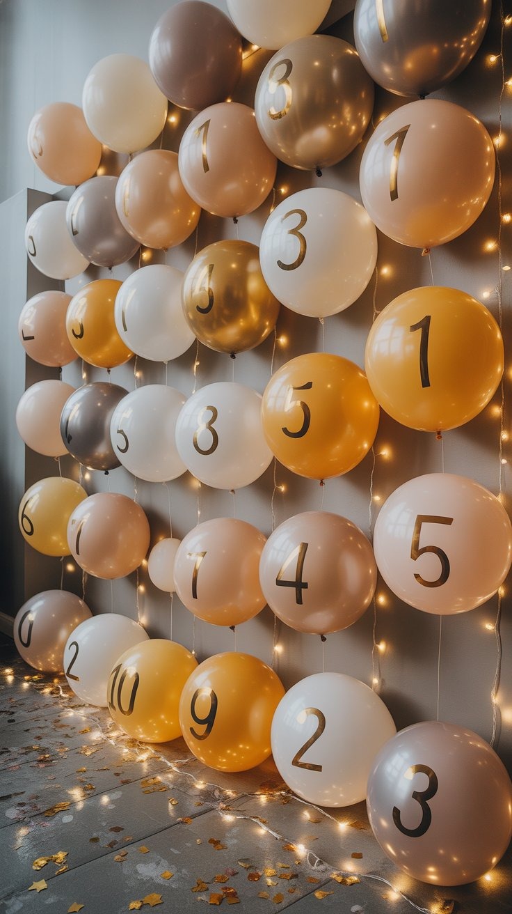 a number of balloons and balloons are arranged on a wall