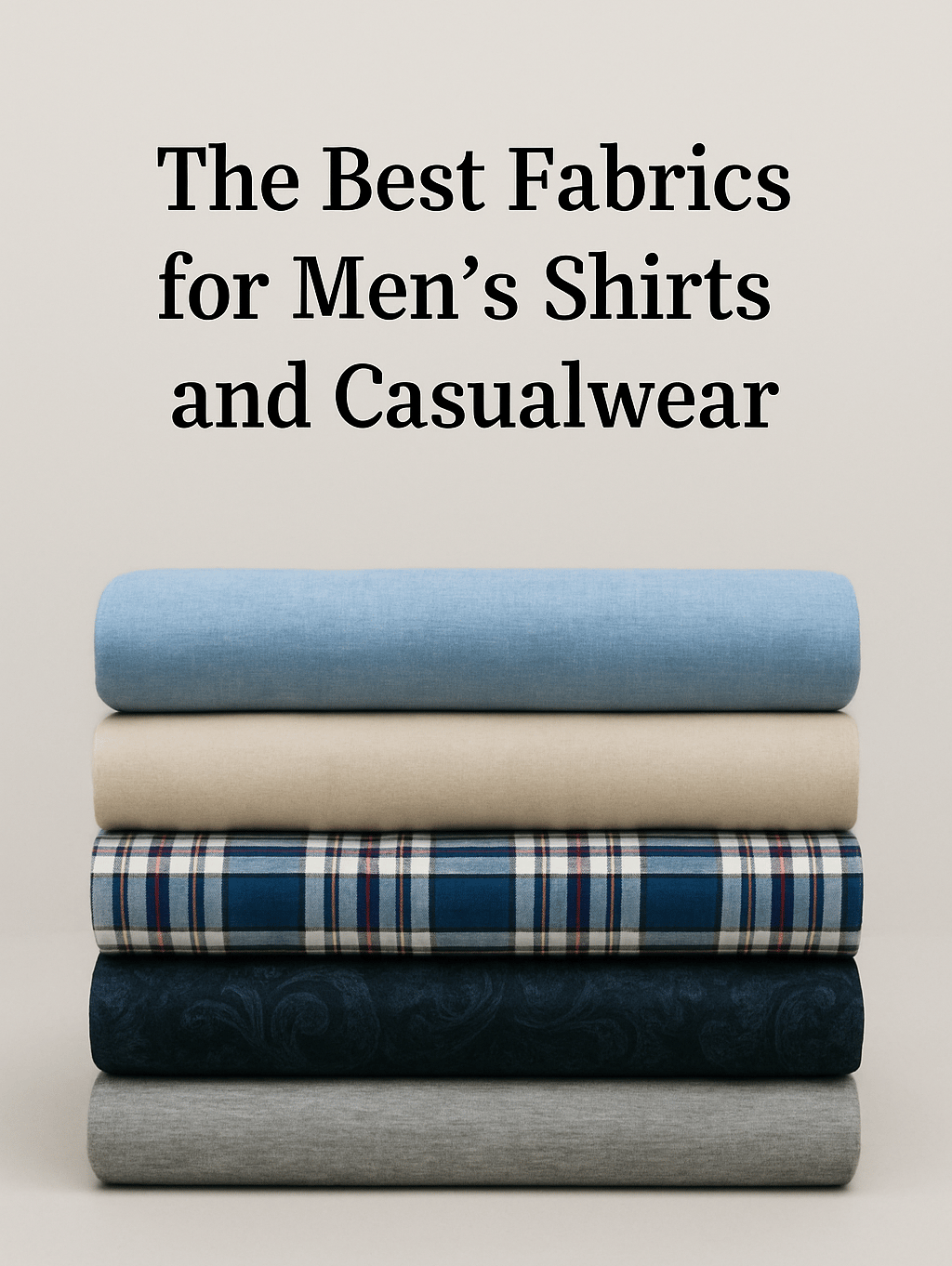 Centered stack of folded men’s shirt fabrics.