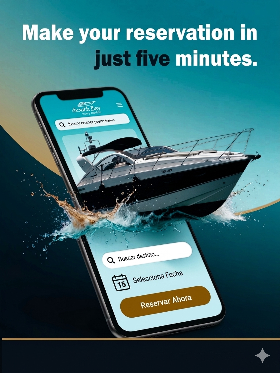 Luxury yacht booking app showing a boat splashing out of a smartphone screen for South Bay charters.