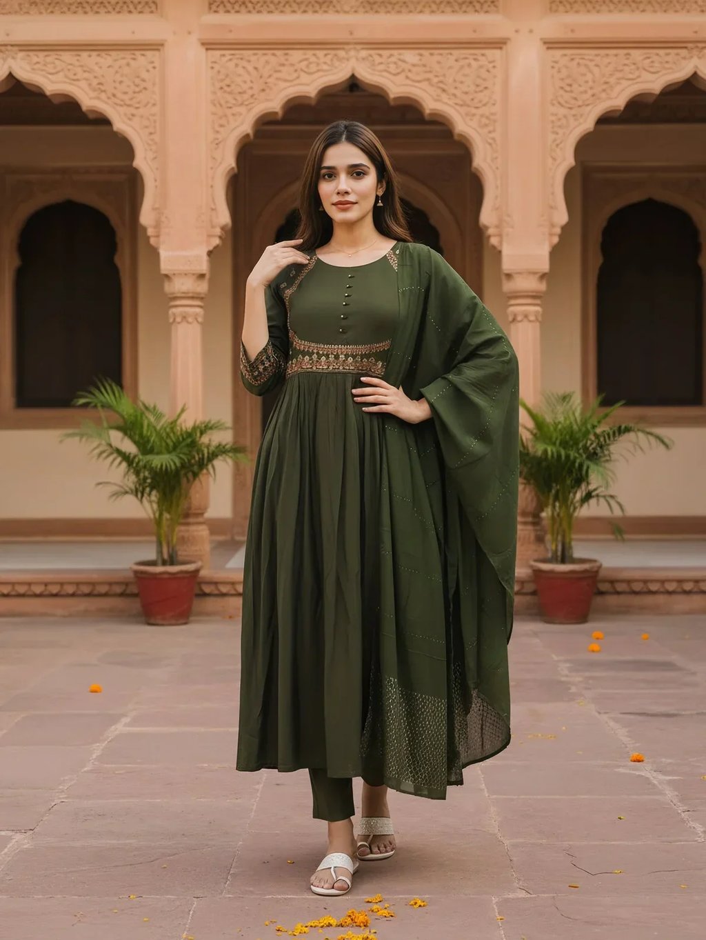 Poly Viscose Embroidered Straight Calf Length Kurta with Pant and Dupatta - Olive