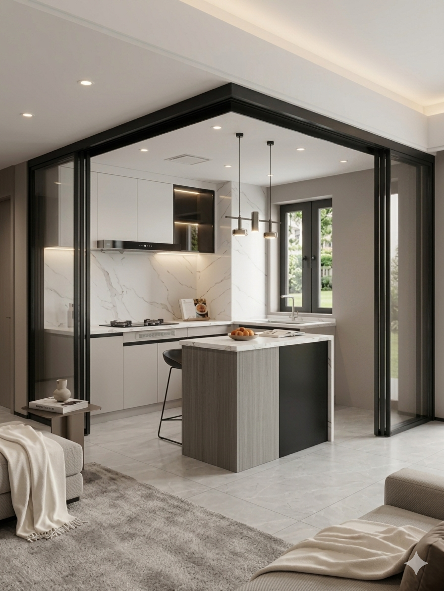 Black glass sliding Open-Flow Kitchen Partition,Contain Fumes, Expand Horizons