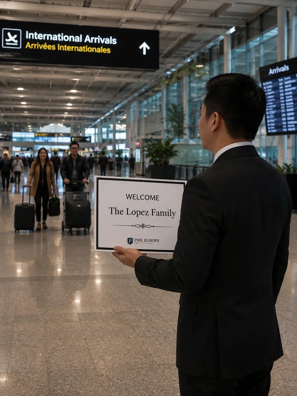 Filipino driver welcoming passengers at Malpensa airport in Milan