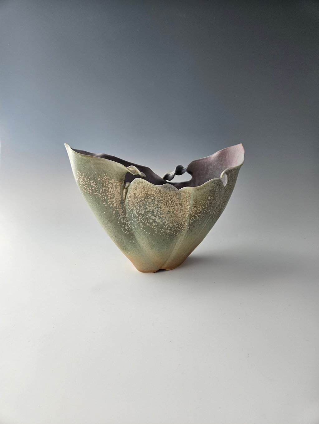  Lily Boat porcelain vessel, green & dusty lavendar microcrystalline glaze. Handbuilt. Highfired ^10