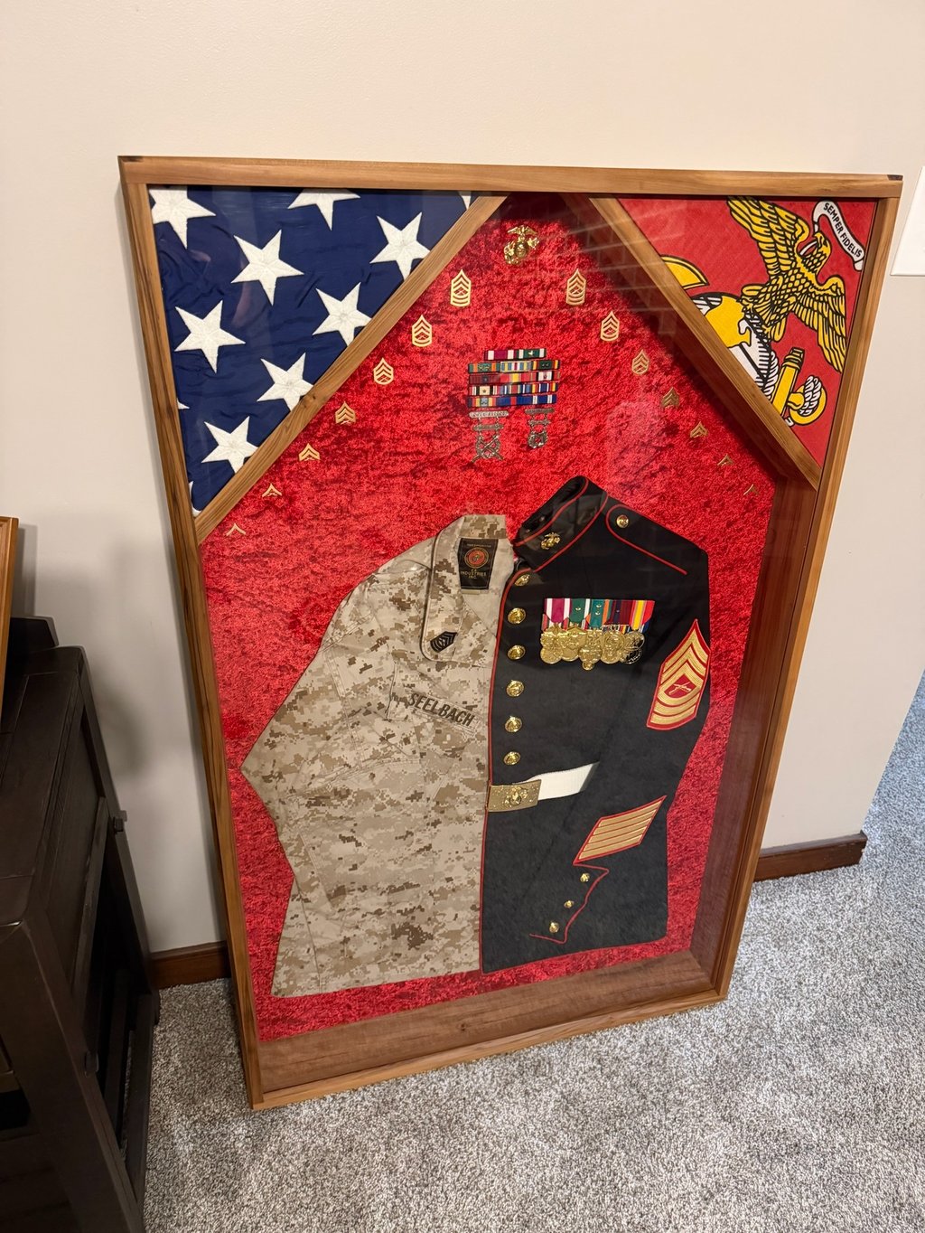 USMC Retirement Shadow Box Sweetgum ~ Custom Engraving ~ Flag Display