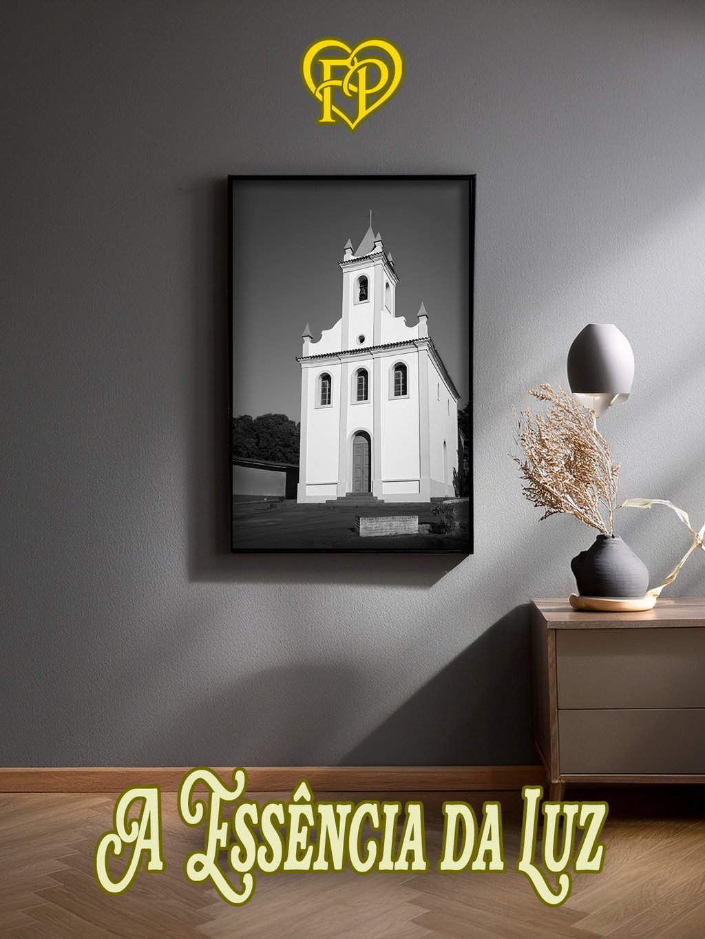 Exemplo de quadro Fine Art em preto e branco posicionado em uma parede com decoração minimalista.