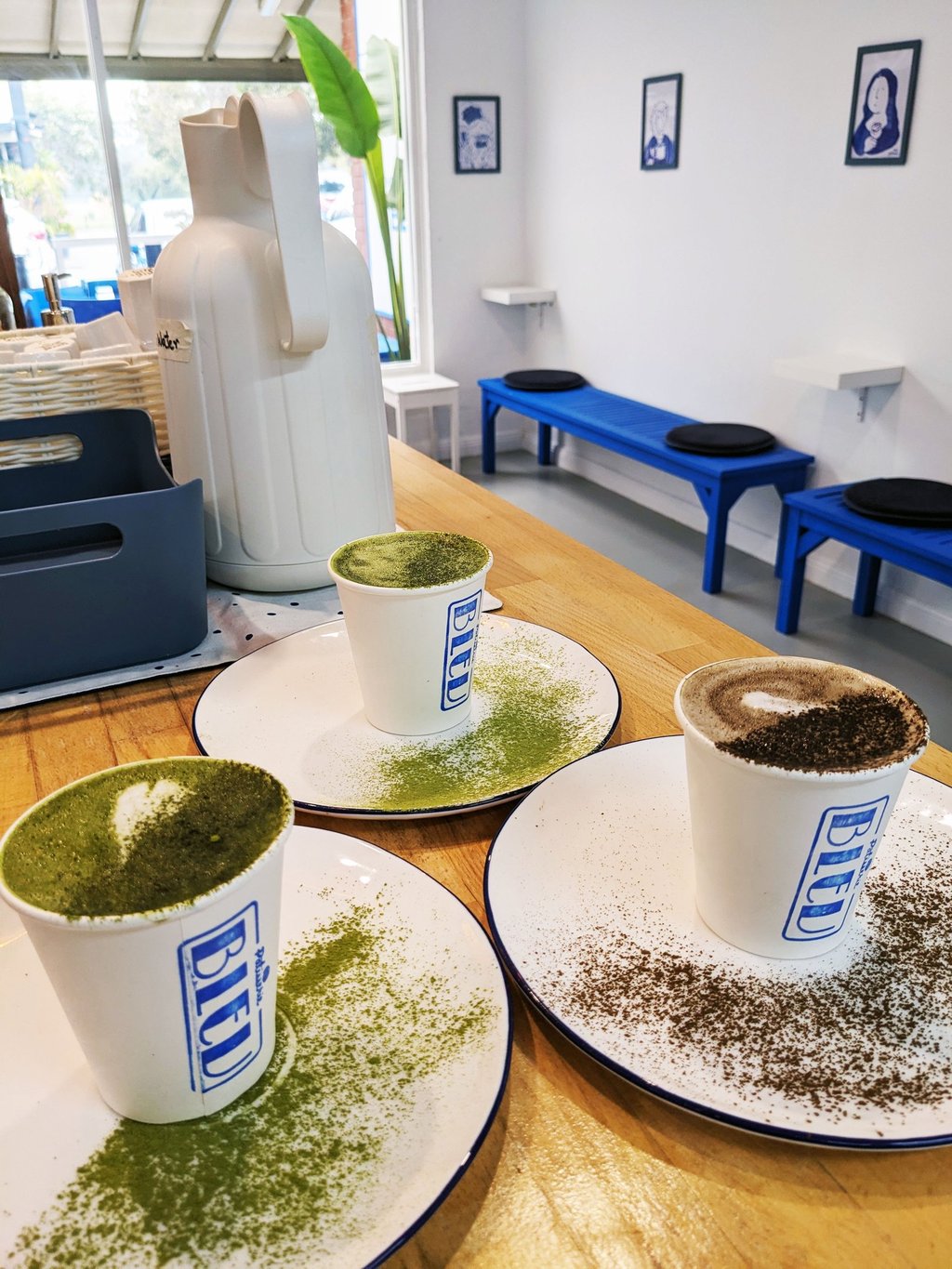 Matcha, Hojicha and Genmaicha Lattes by Patisserie BLEU in Leeming Perth.