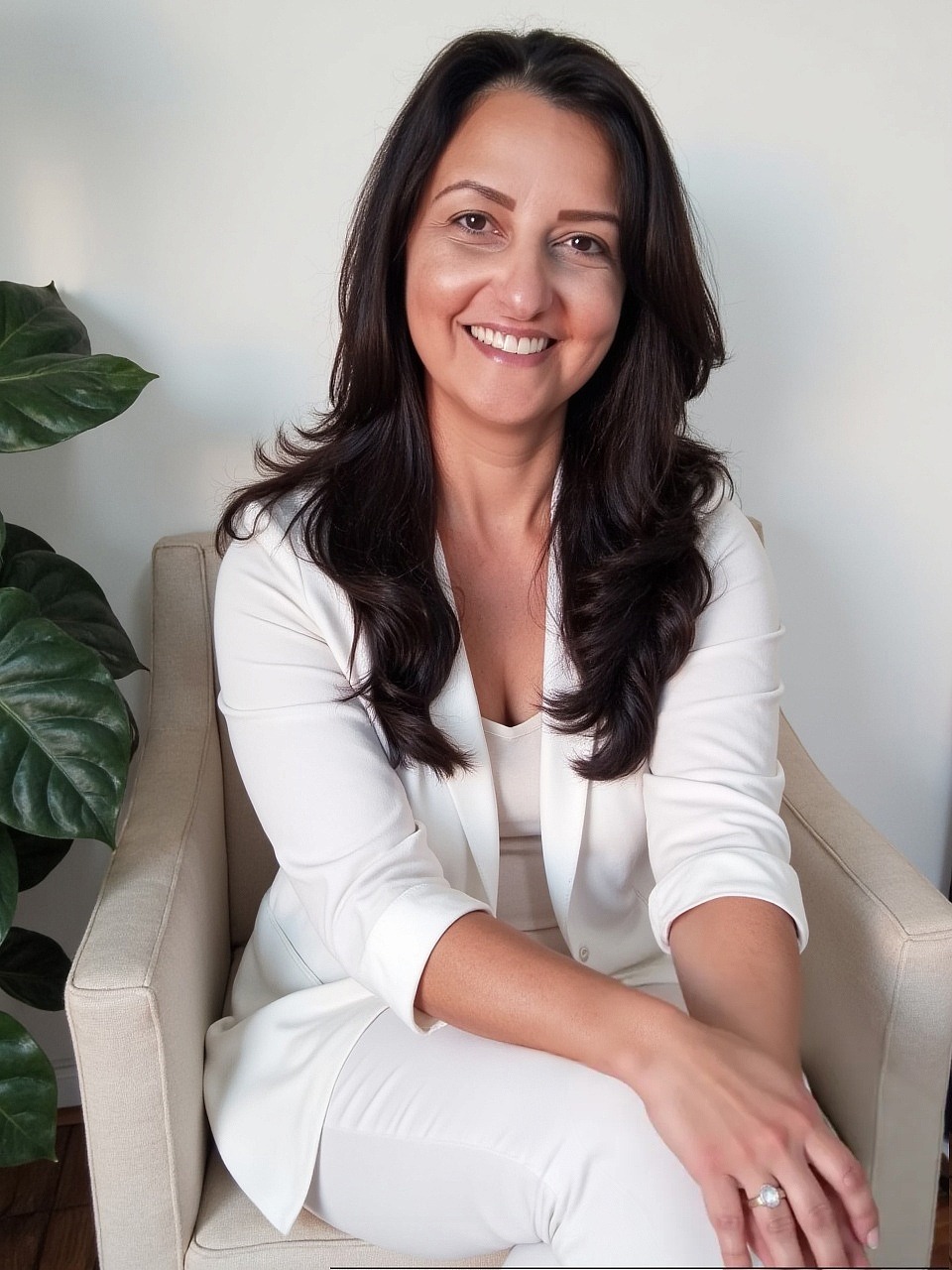 Foto de terapeuta floral sorrindo com fundo branco para atendimento de terapia floral.
