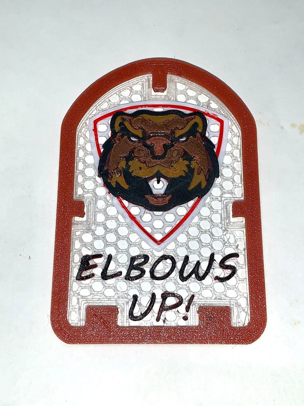 [breathe] mask decoration with a stern looking beaver head and the slogan "Elbows Up!" 