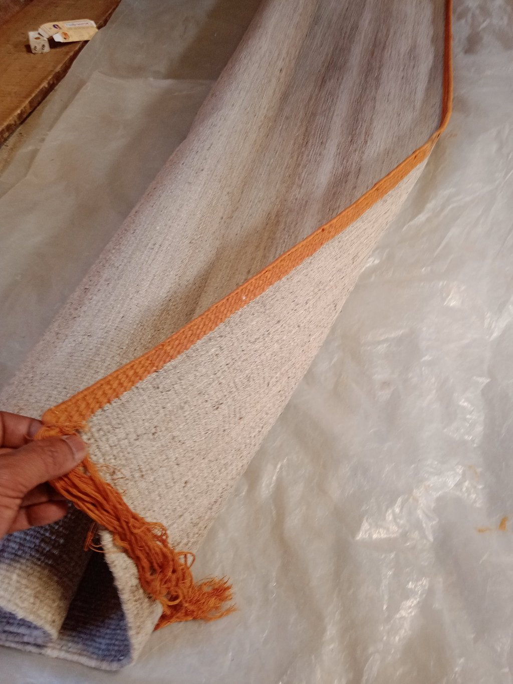 Flat-weave hand-interlaced sample rug, hand-interlacing technique, pile carpet with Highland wool