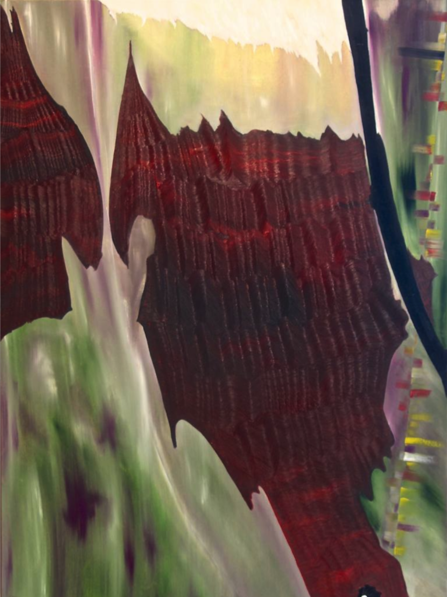 Abstract irregular dark burgundy shapes on light greenish and pinkish surface.