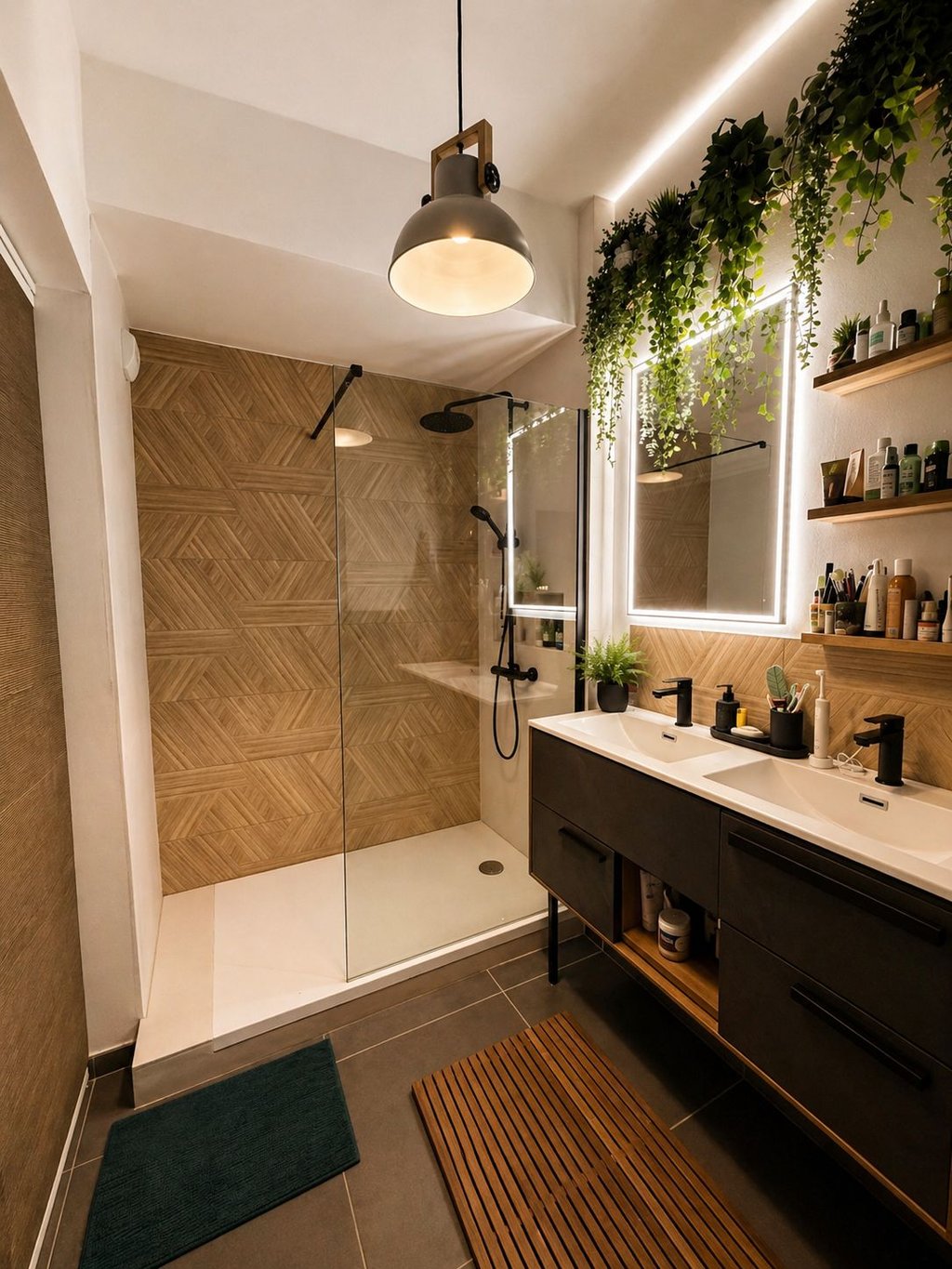 Rénovation salle de bain La Ciotat : douche italienne, carrelage effet bois et meuble double vasque.