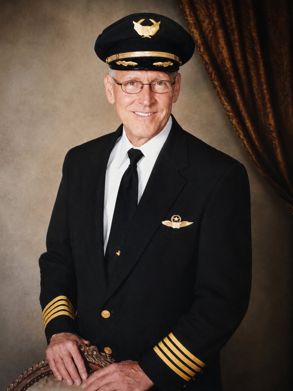 Formal portrait of Captain Art Rainbolt wearing an airline pilot’s uniform and captain’s hat. 