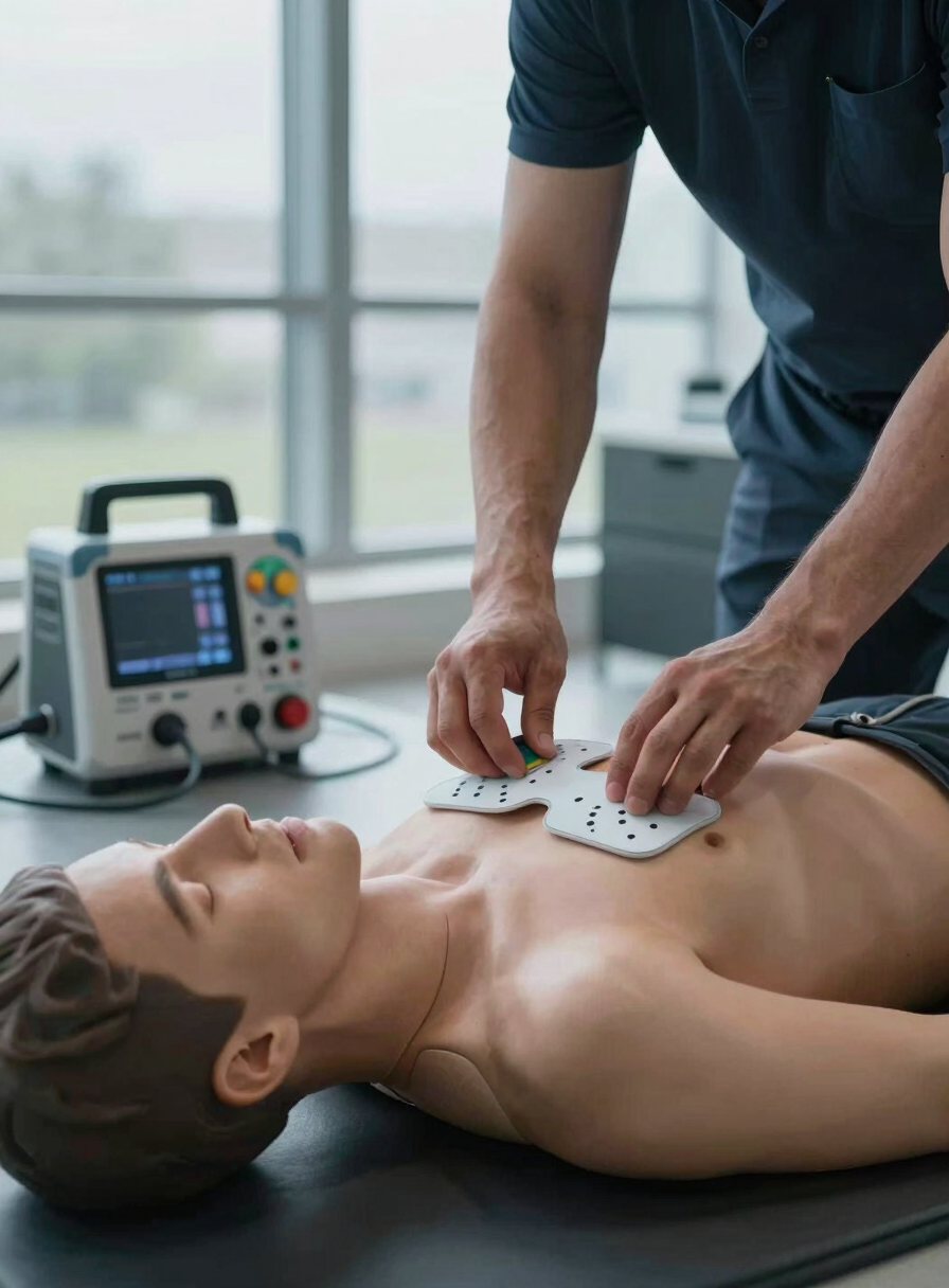 Medium environmental shot, an instructor's hands positioning a defibrillator DEA electrode on a training mannequin chest in a clinical training room, cool overcast daylight from the left, equipment cables and AED device clearly visible in active use, matte dark floor, no warm tones, high contrast clinical aesthetic
