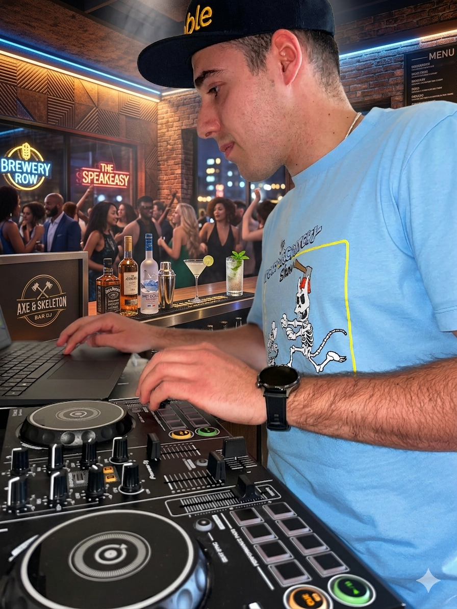 DJ KiKO mixing music on a Pioneer controller at a crowded nightclub bar.