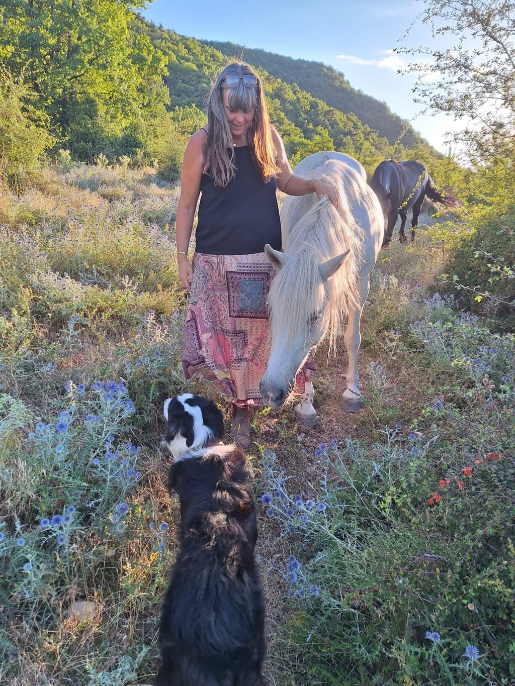 Vrouw staat naast een wit paard in een weiland met bloemen, ze legt haar hand op het paard