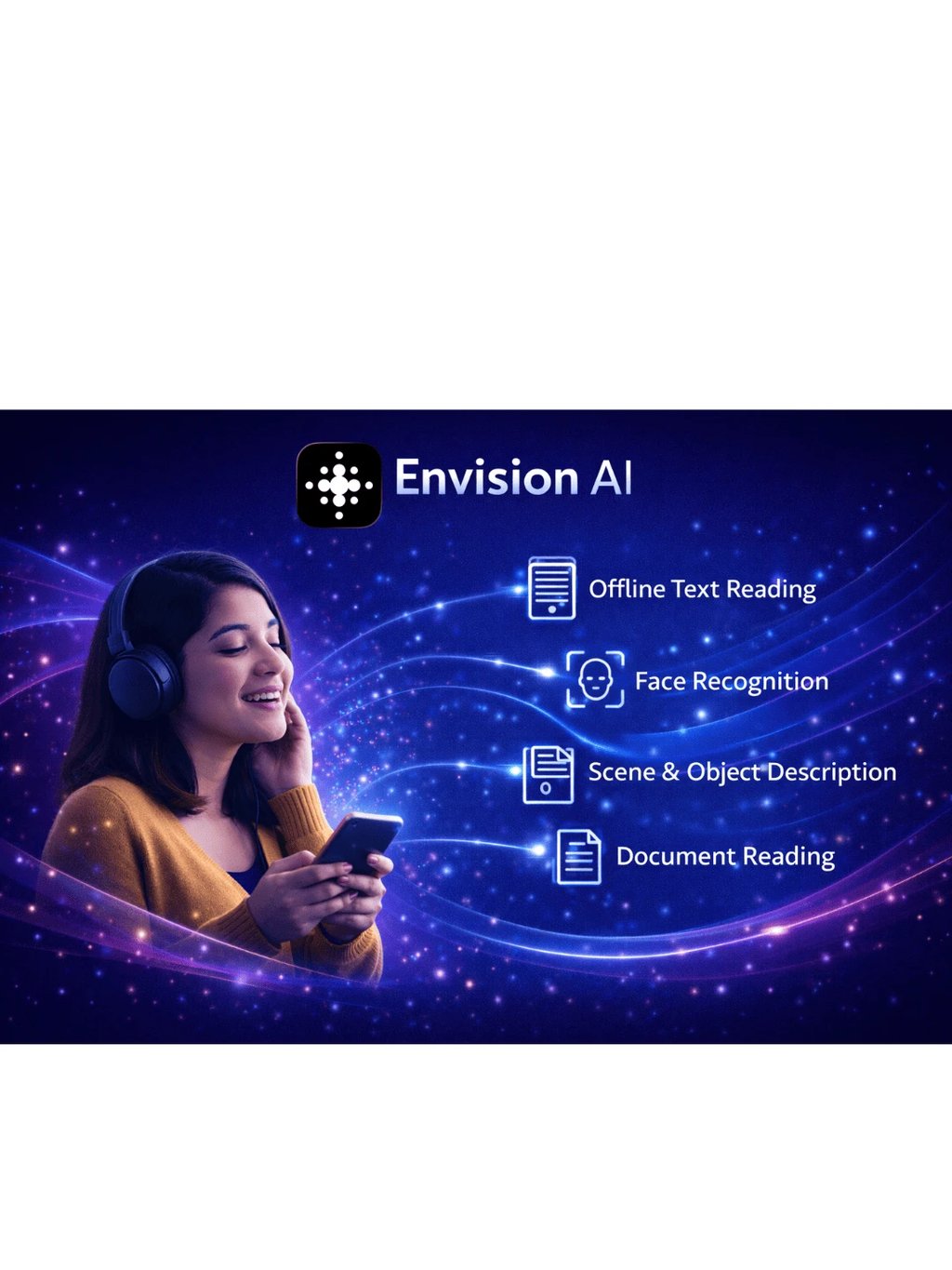 Envision AI Key features: Offline Text Reading, Face Recognition, Scene & object recognition e.t.c