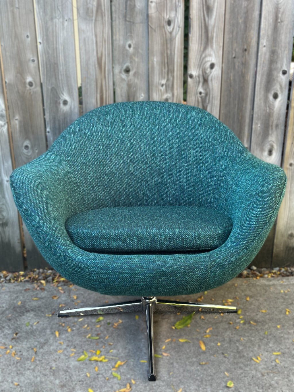 newly reupholstered Overman style egg chair in blue tweed fabric