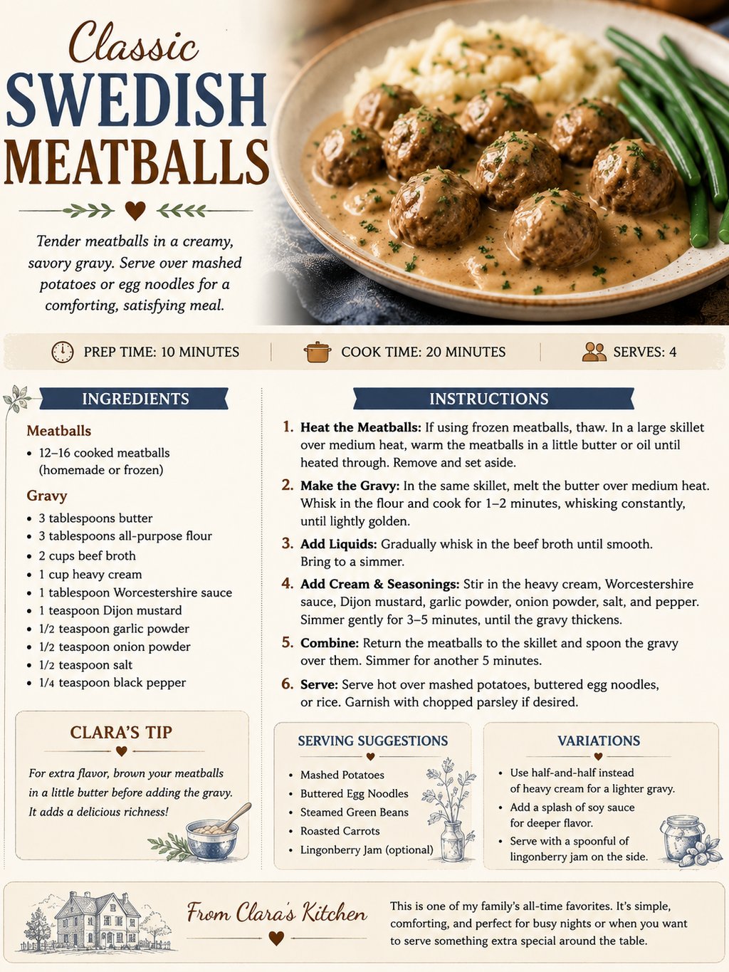 Recipe card for Classic Swedish Meatballs with savory cream gravy and serving suggestions.