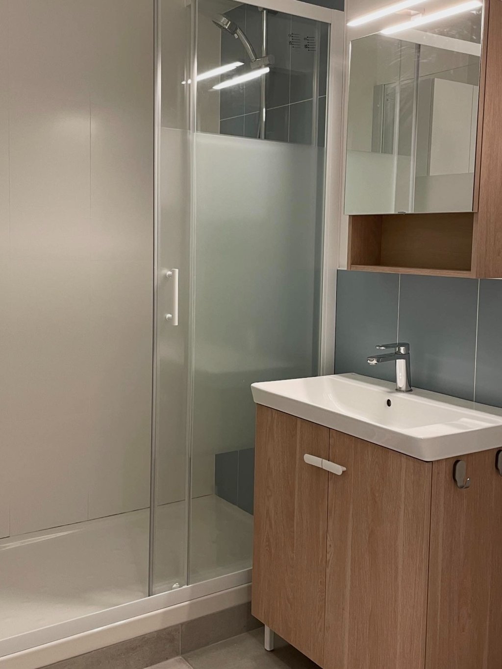 a bathroom with a shower and a sink