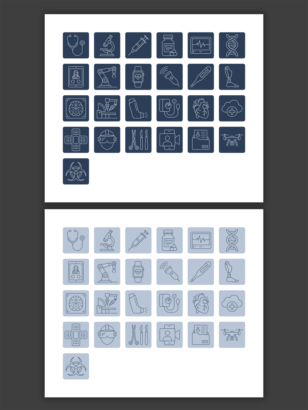 Minimalist MedTech and digital healthcare vector icons in light and dark themes
