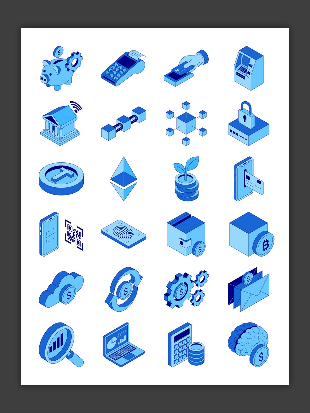 Isometric fintech and cryptocurrency icons in a blue gradient style