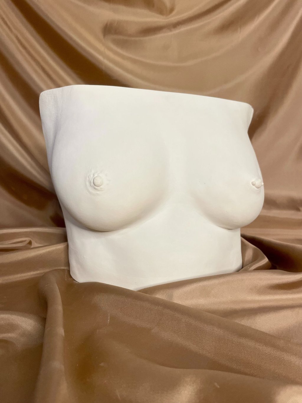 Moulage poitrine plâtre sur fond doré - Moulage intime Bordeaux