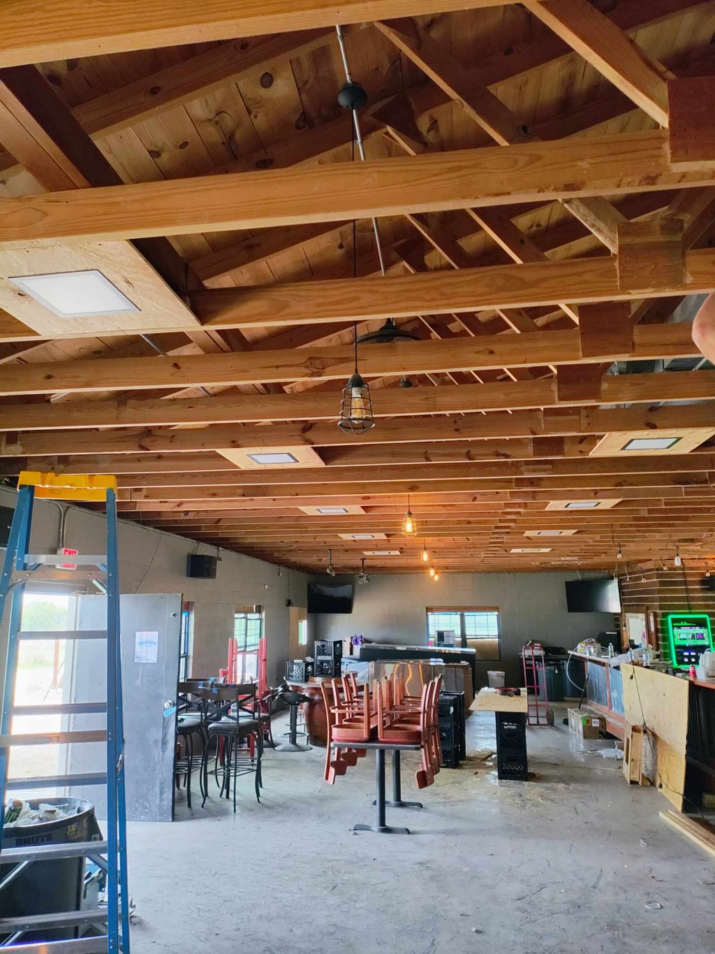 A restaurant remodel in Early Tx with exposed rafters being shown