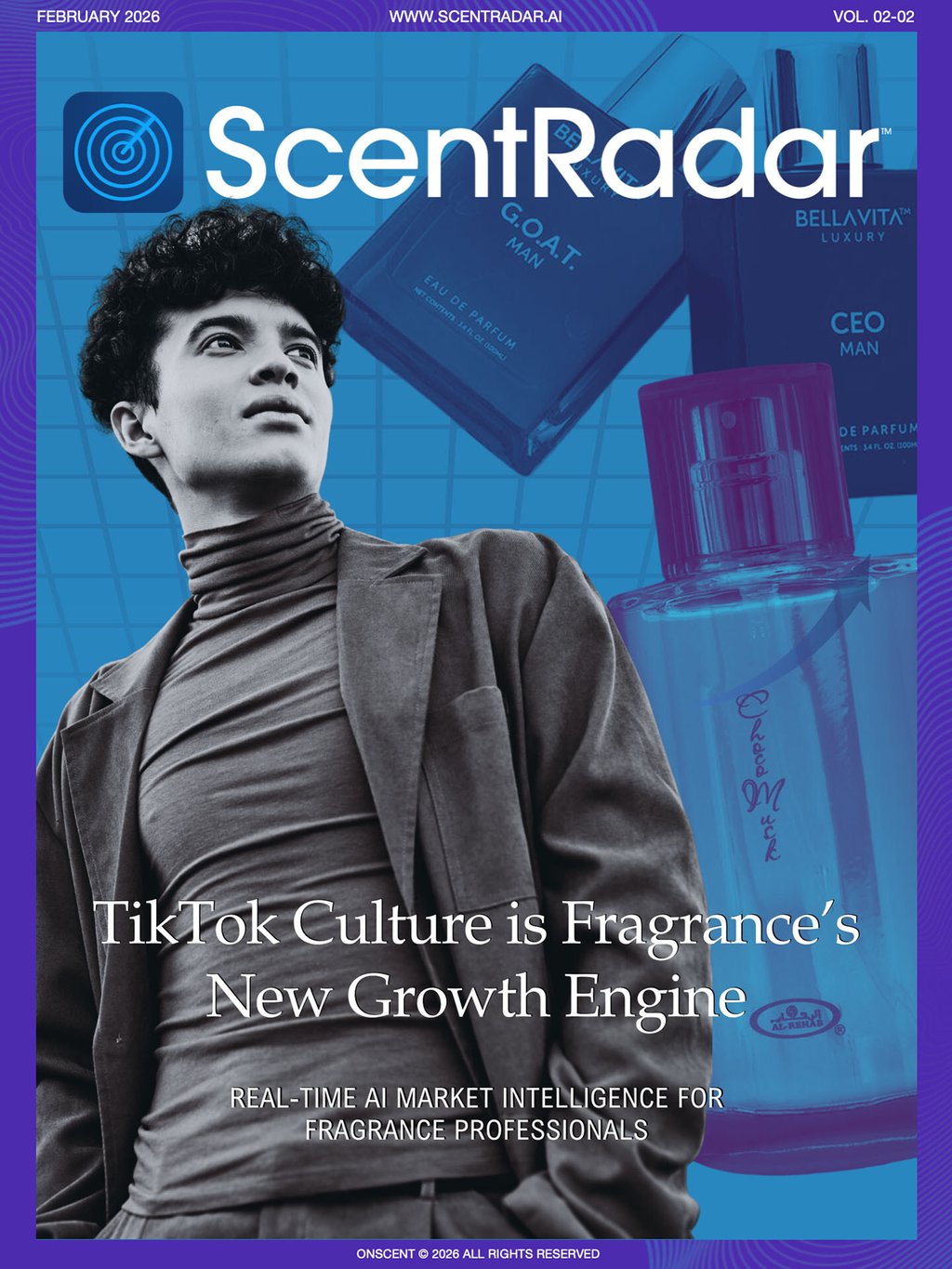 ScentRadar magazine cover featuring a man and perfume bottles discussing TikTok's impact on fragrance market trends.