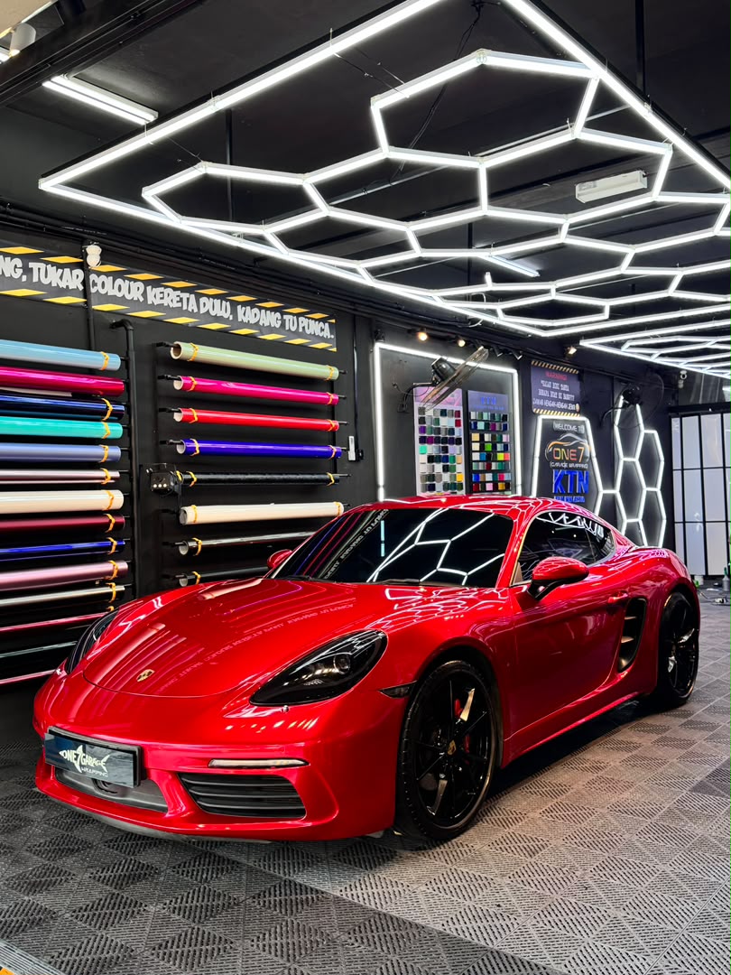 Porsche 718 Cayman full body wrap in gloss red vinyl finish