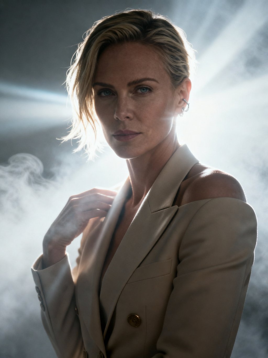 Charlize Theron in a blazer with dramatic backlit lighting and cinematic smoke. 
