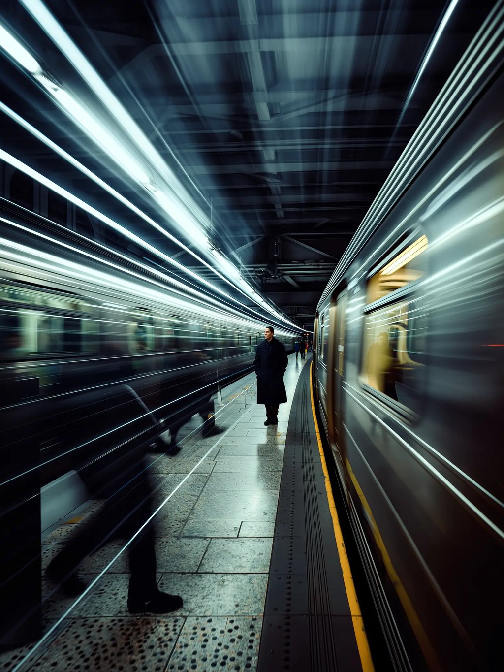 A lone man in a black coat standing on a subway platform with blurred speeding trains.