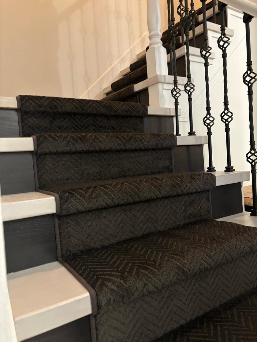 Black herringbone runner carpet installed on staircase with modern look – London ON