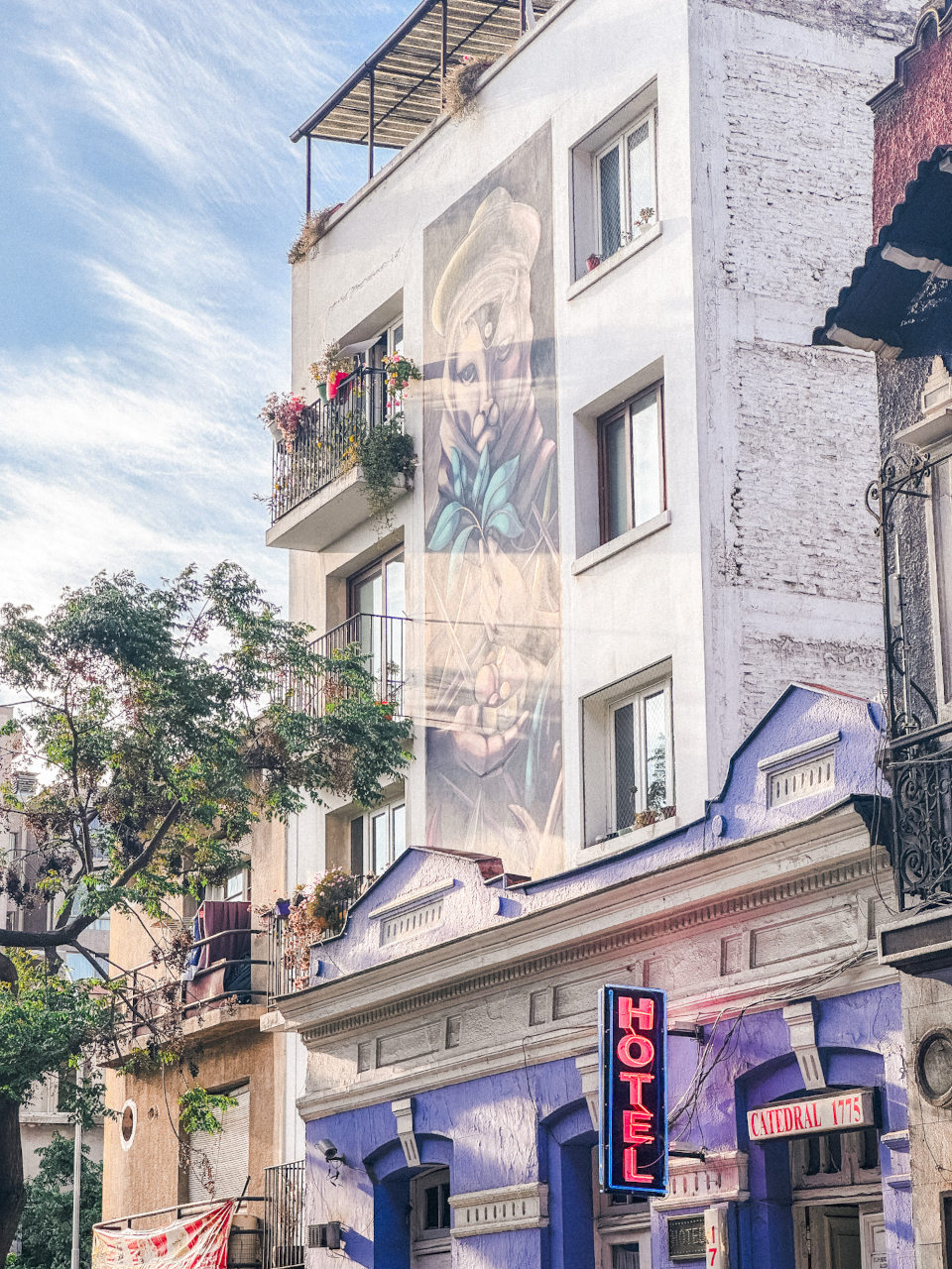 Chilean streets with purple mural art, Santiago de Chile, South America