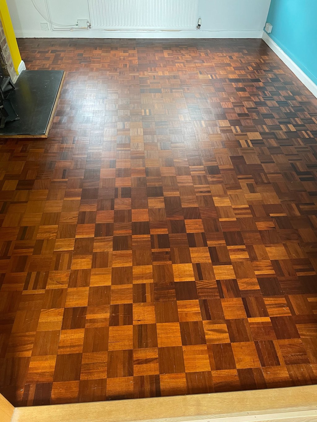 Parquet wood flooring restoration in Worthing Sussex, polished wooden floor finish