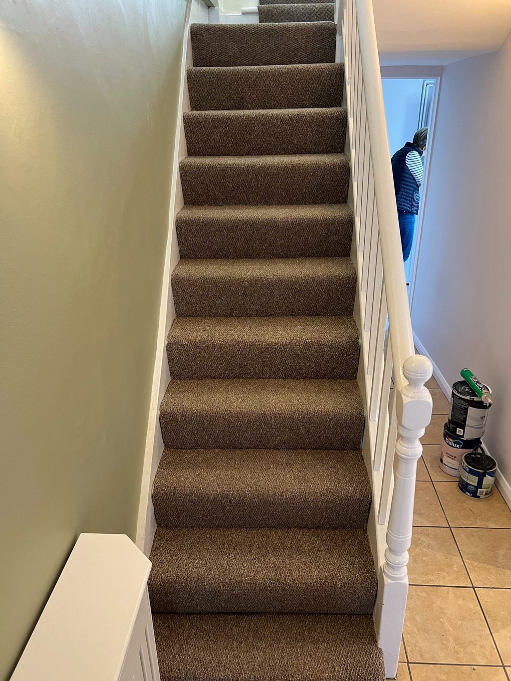 Hove indoor staircase with brown carpet and white wooden handrails in a home renovation setting.