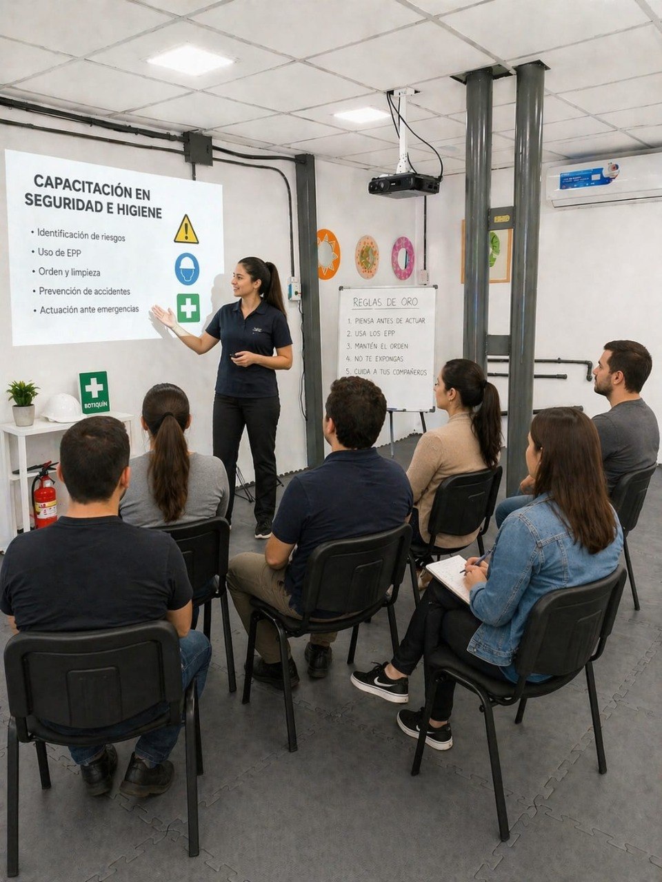 Professional instructor leading a workplace safety and hygiene training seminar for employees.