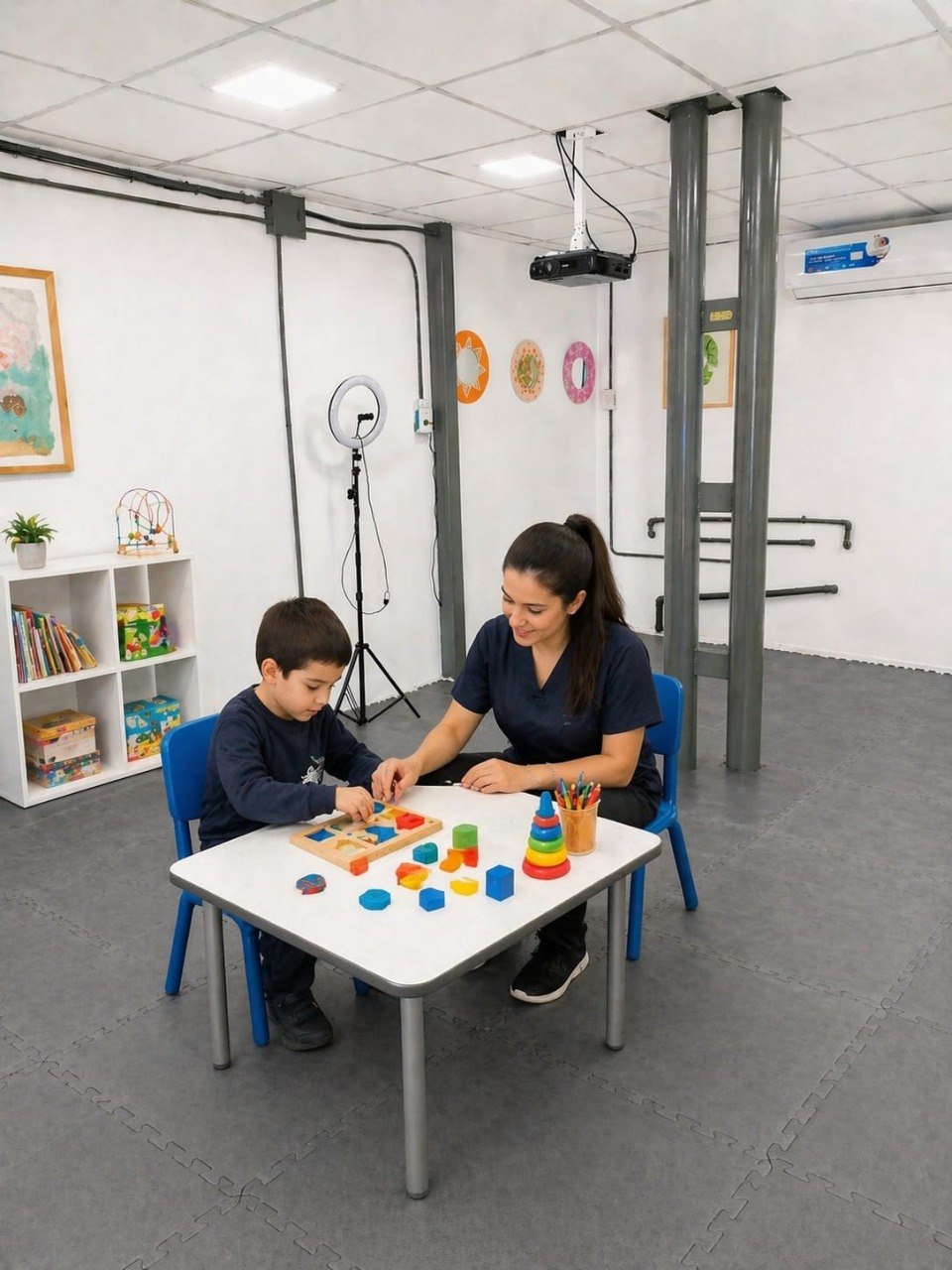 A therapist uses educational wooden shape puzzles during a pediatric occupational therapy session with a child.
