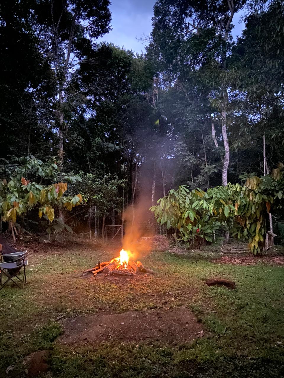 Fogueira e floresta onde acontecem os rituais com Ayahuasca na Casa Cura Itacaré