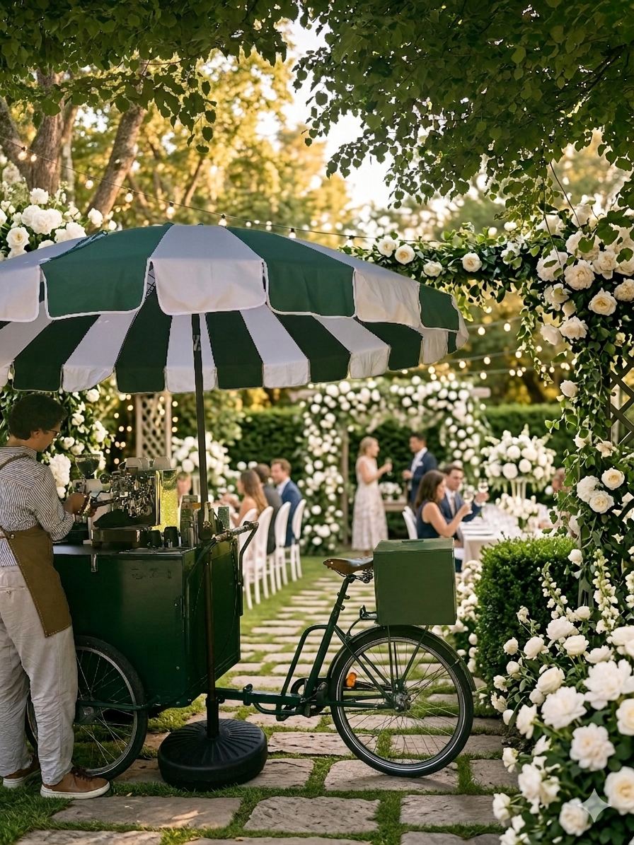 Barista an einer mobilen Kaffeestation bei einer eleganten Gartenhochzeit im Freien. 