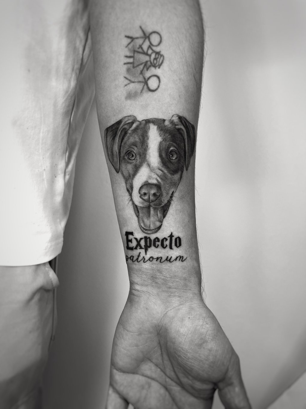 Tatuaje fineline en Madrid de retrato microrealista de perro con lettering Expecto Patronum 
