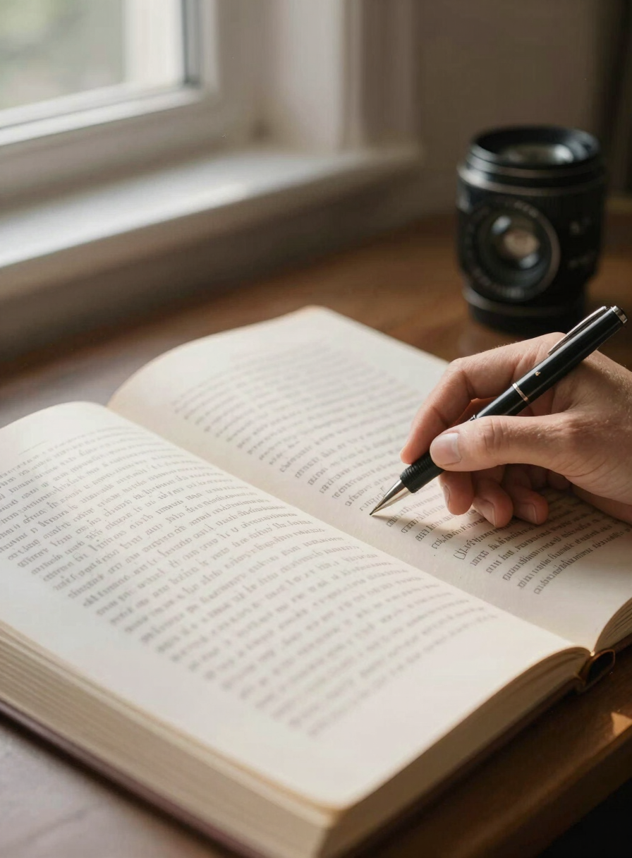 Close-up of a manuscript on a desk under north-facing window light, an author's hand resting beside annotated pages, pen visible, natural soft-shadow detail on the paper texture