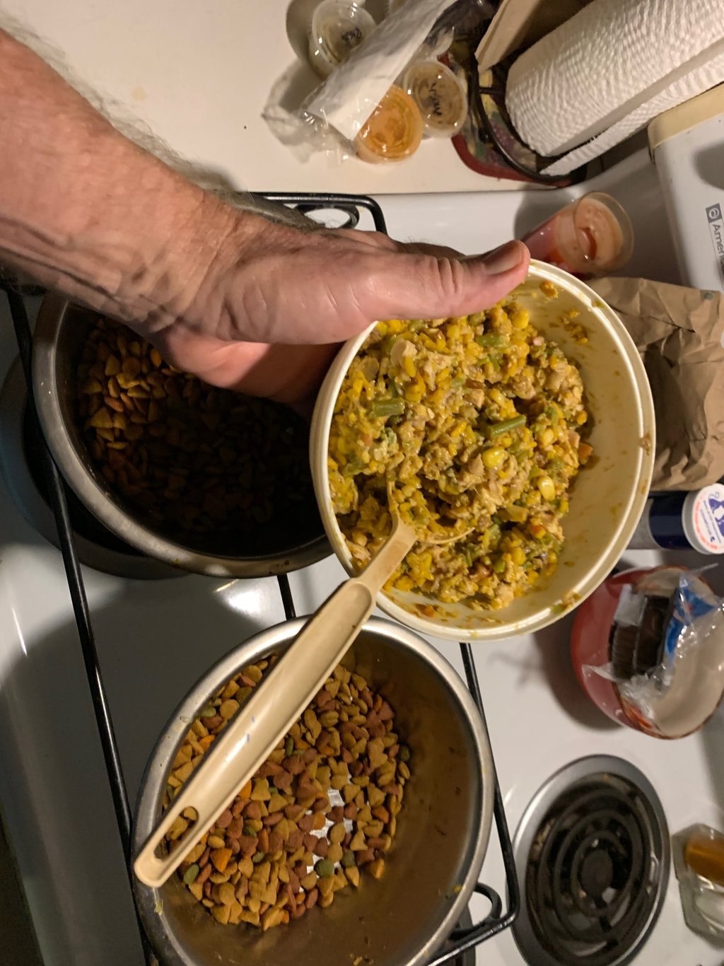 Bowl of homemade dogfood being served