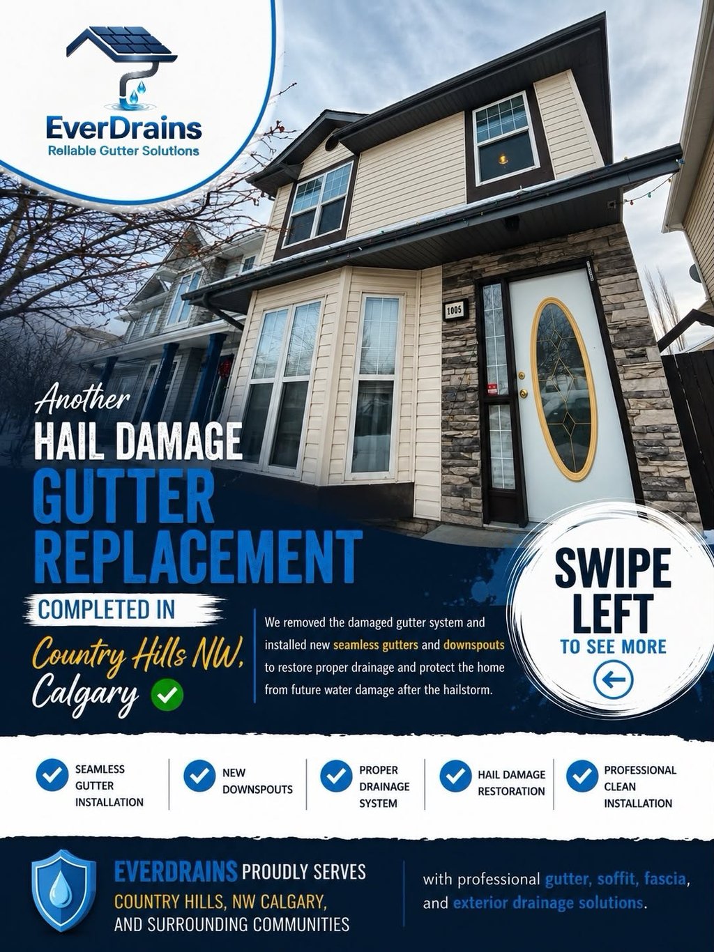 Hail damaged gutters on home in Country Hills NW Calgary