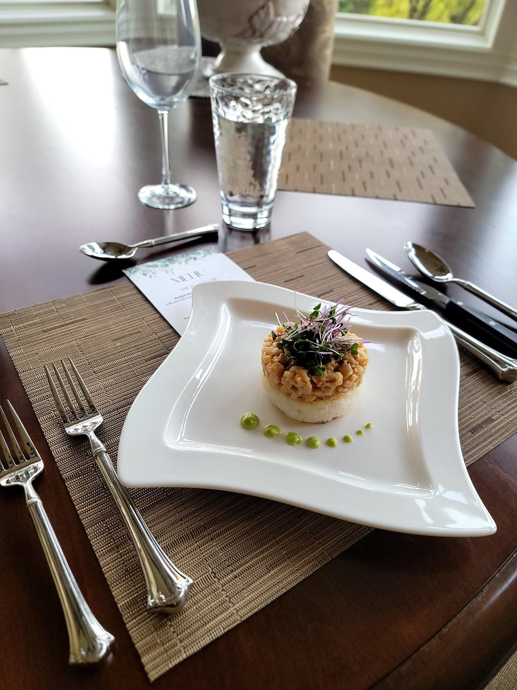 Portland personal chef plated tartare with rice and microgreens, fine dining for private dinners