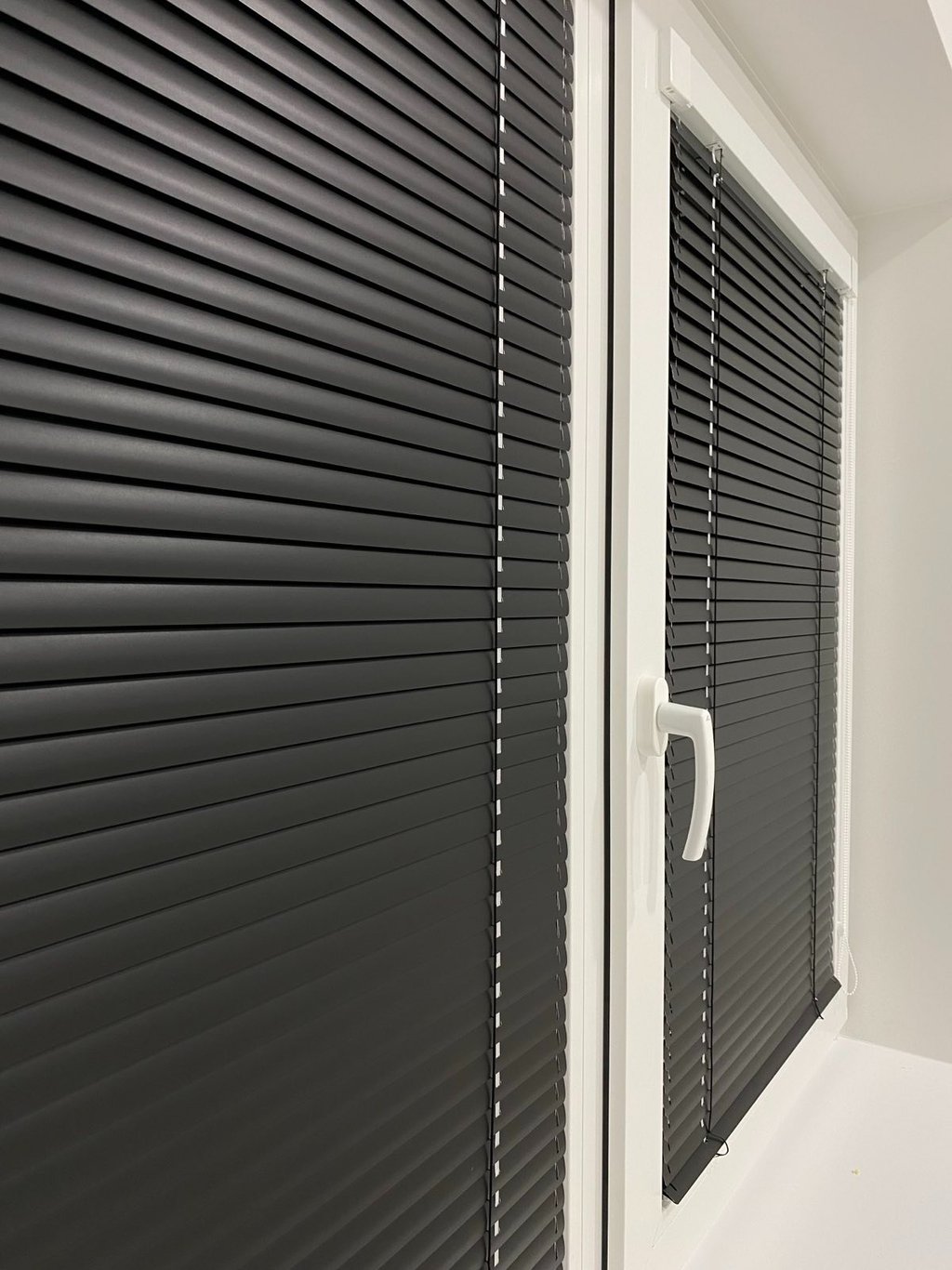 paveikslėlyje yra matomos tamsios spalvos aliuminės žaliuzės ant plastikinio lango
