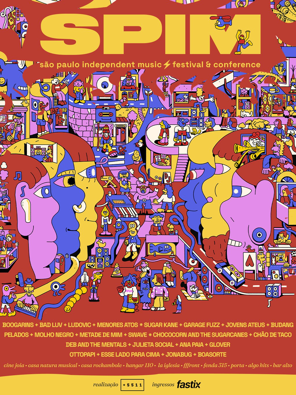 Arte do poster do SPIM Festival em colorido com desenhos diversos em um fundo vermelho.